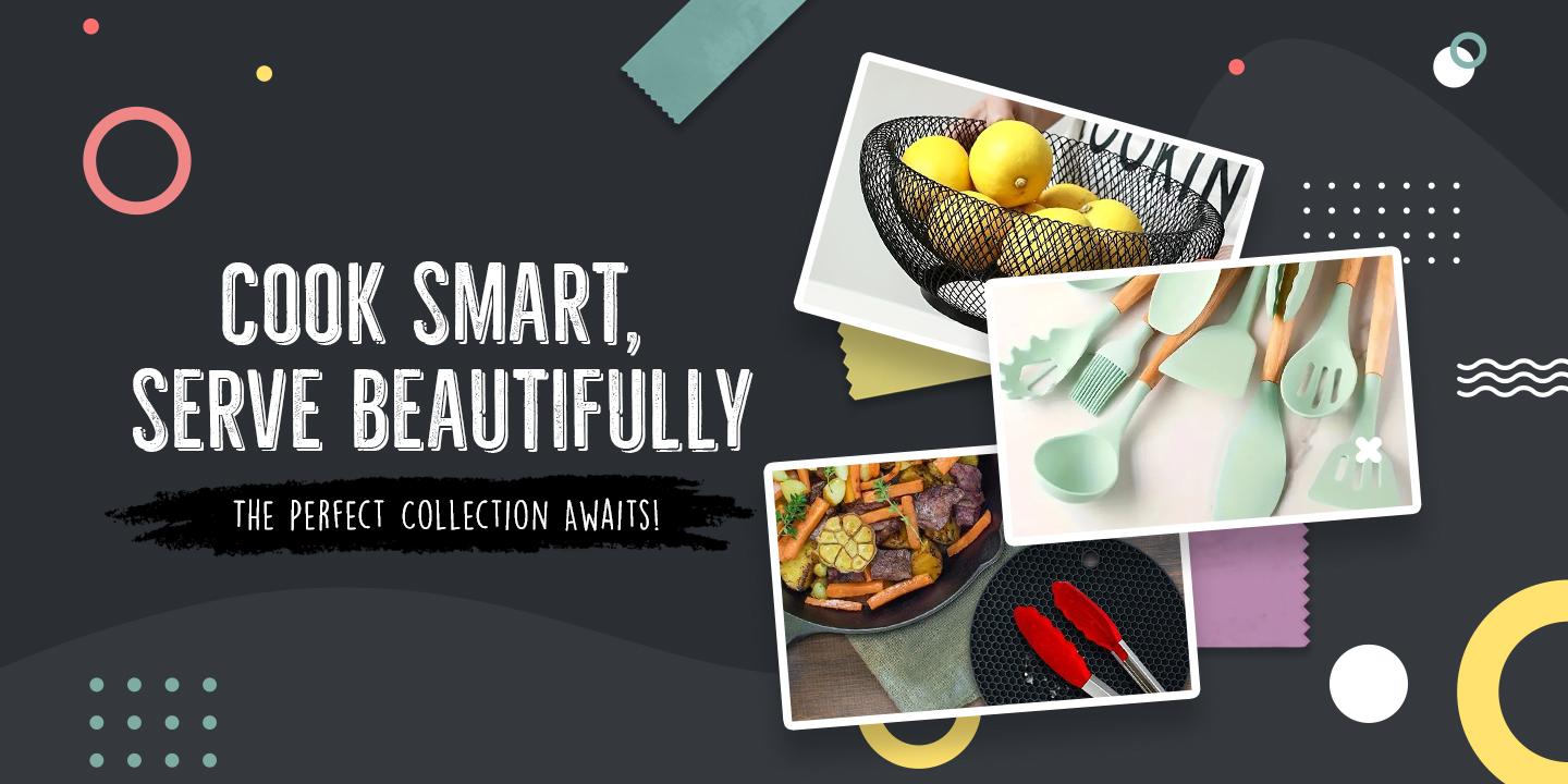 DJECAS home collection preview featuring kitchen utensils, cookware, and serving accessories